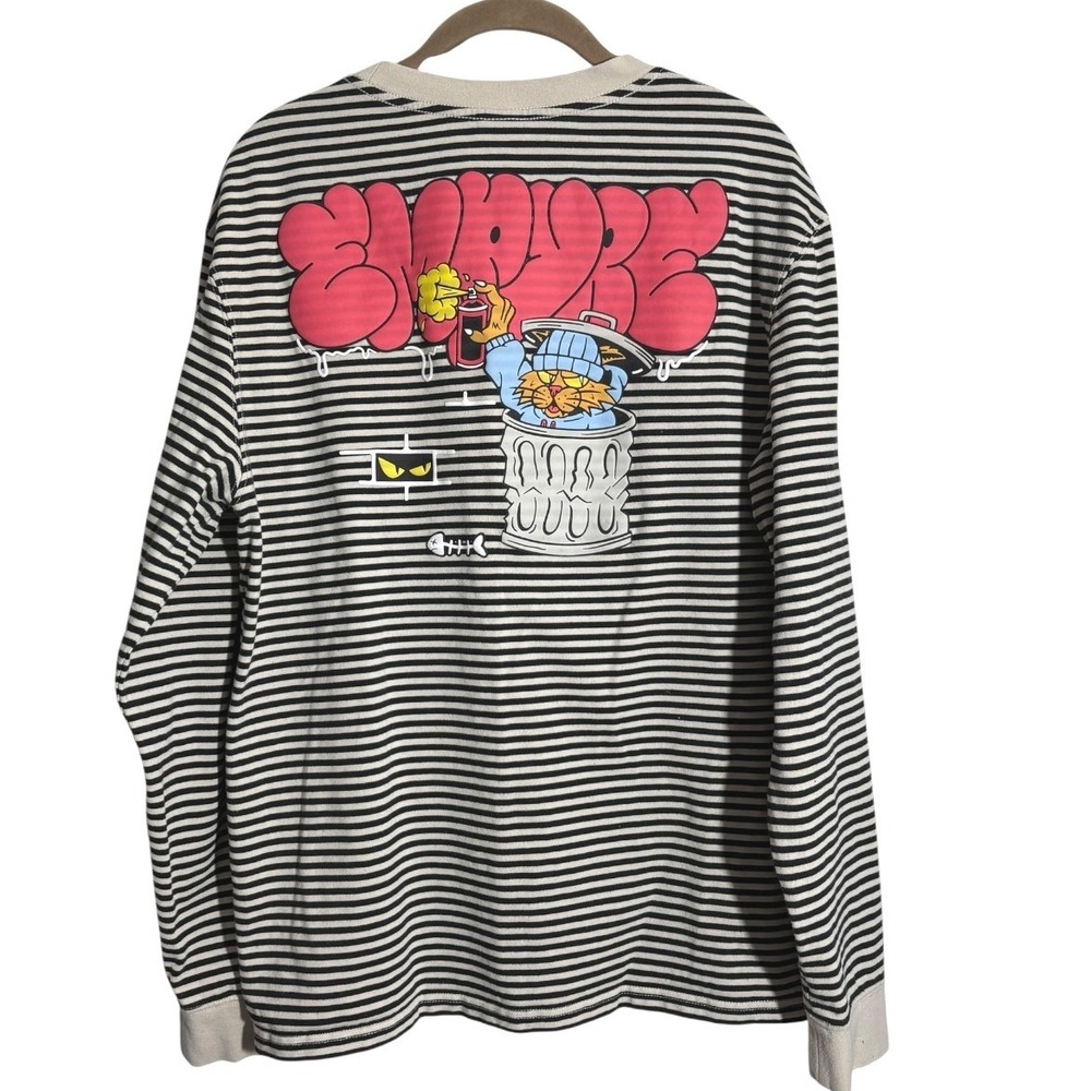 Empyre Bad Cat Microstripe‎ Black sriped Long Sleeve Shirt Top sz LG